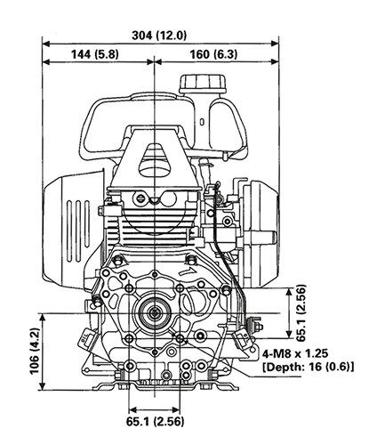 Front and side view of GX100 engine, dimensions displayed for height and width