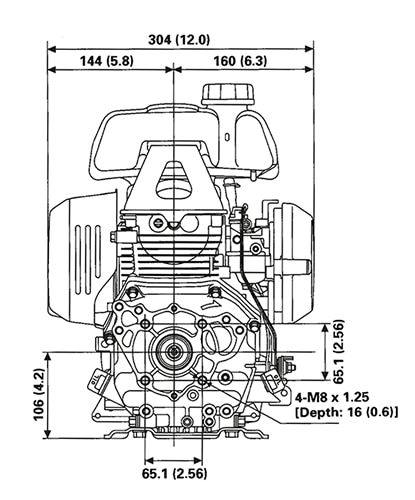 Vue avant et côté du moteur GX120, dimensions affichées pour la hauteur et la largeur
