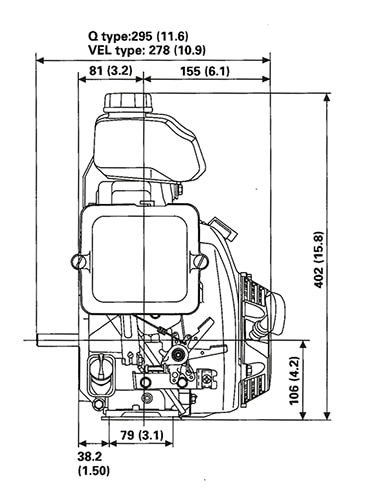 Front and side view of GX100 engine, dimensions displayed for height and width