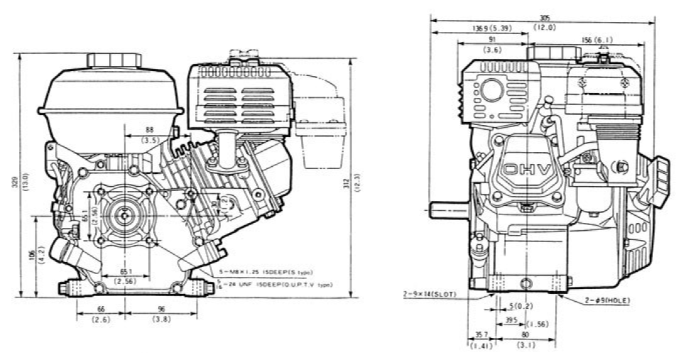 Front and side view of GX120 engine, dimensions displayed for height and width