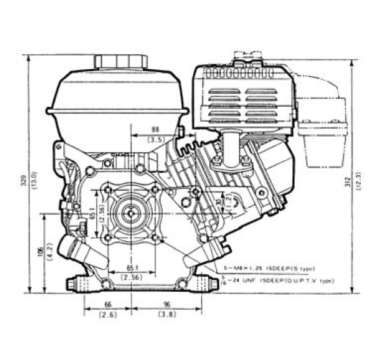 Front and side view of GX200 engine, dimensions displayed for height and width