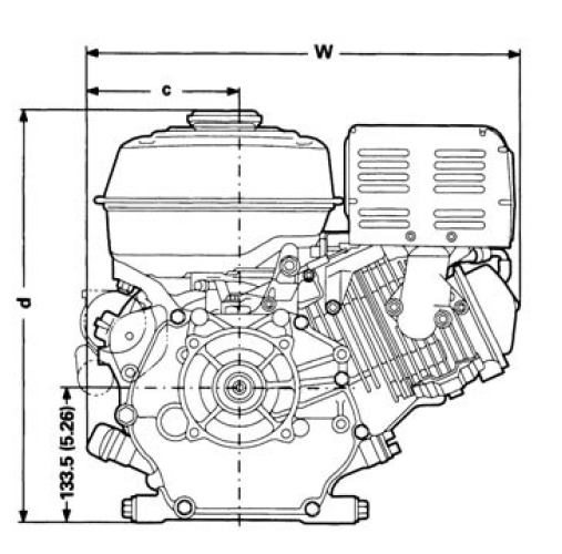 Front and side view of GX270 engine, dimensions displayed for height and width