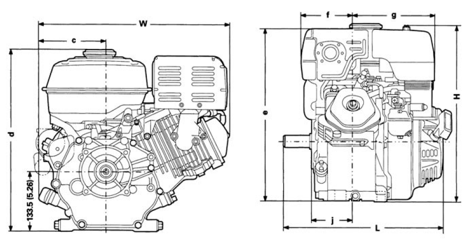 Front and side view of GX340 engine, dimensions displayed for height and width