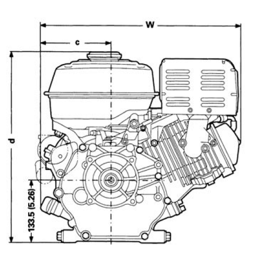 Vue avant et côté du moteur GX340, dimensions affichées pour la hauteur et la largeur