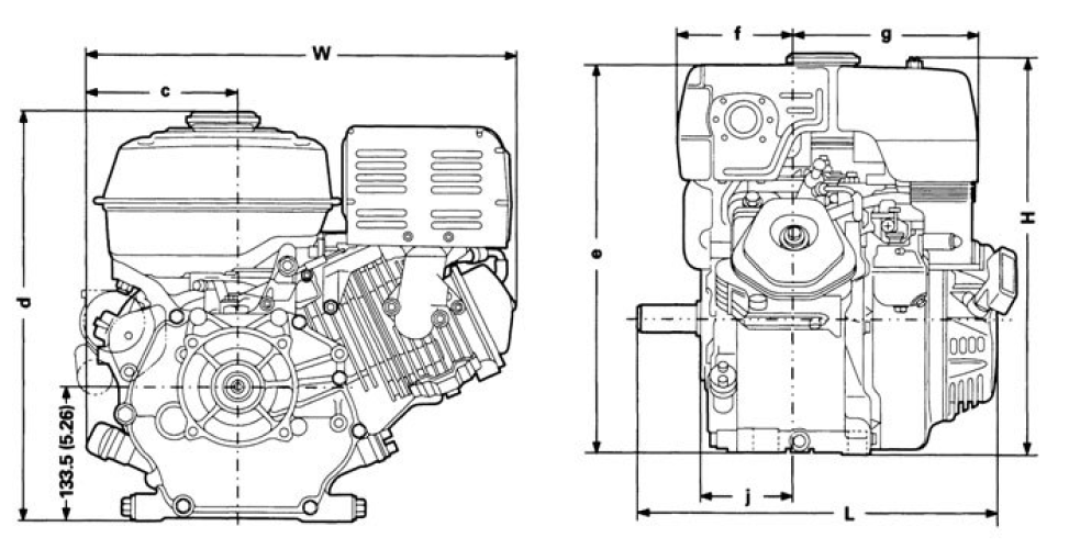 Front and side view of GX390 engine, dimensions displayed for height and width