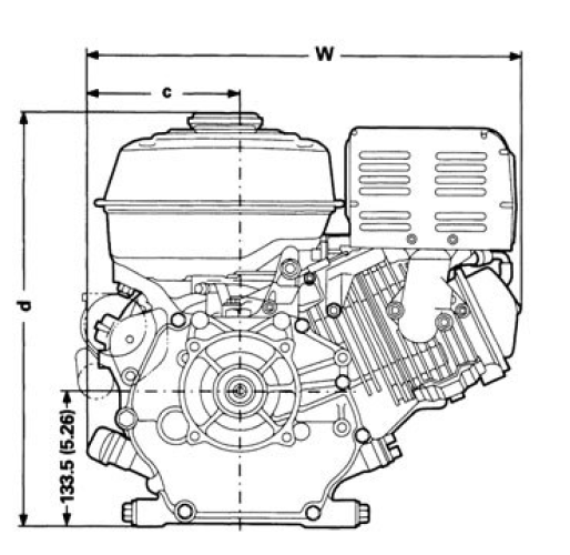 Front and side view of GX390 engine, dimensions displayed for height and width