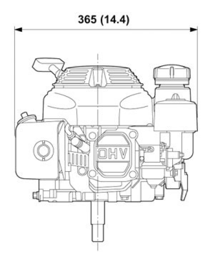 Front and side view of GXV160 engine, dimensions displayed for height and width