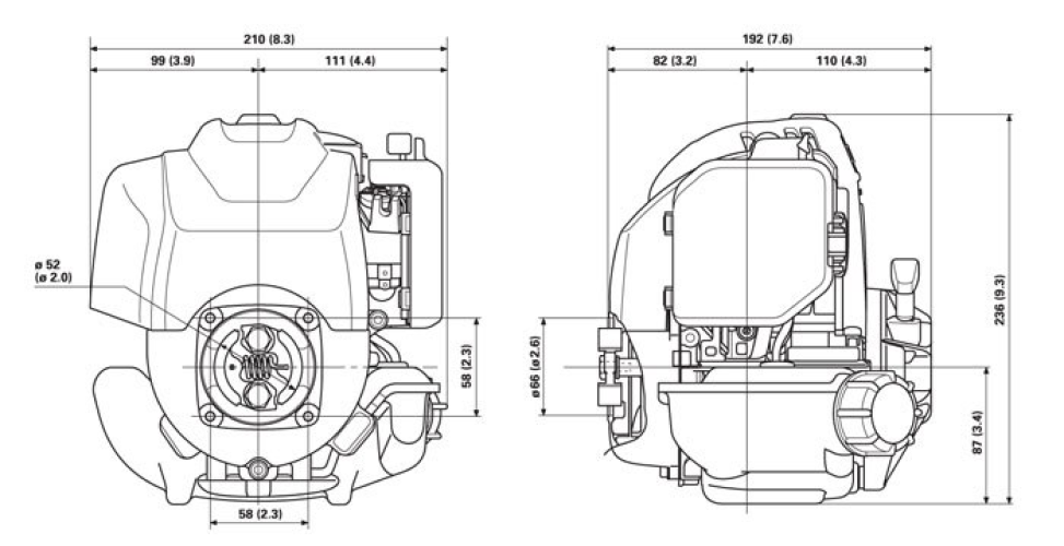Front and side view of GX25 engine, dimensions displayed for height and width