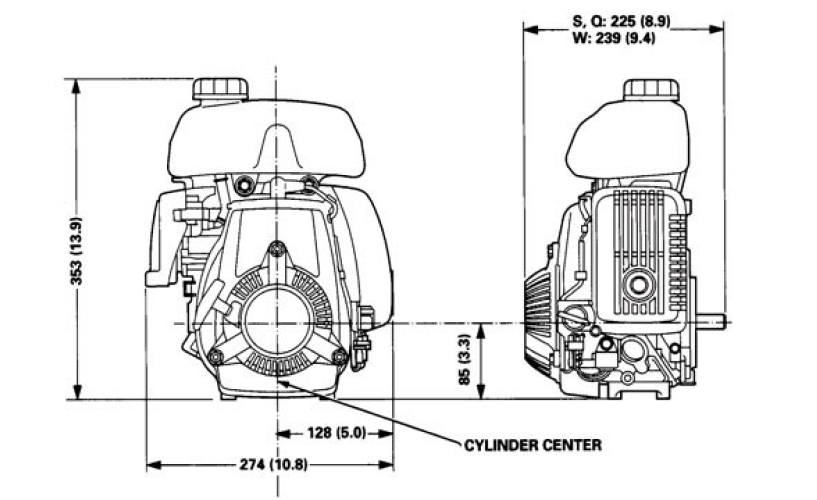 Vue avant et côté du moteur GXH50, dimensions affichées pour la hauteur et la largeur