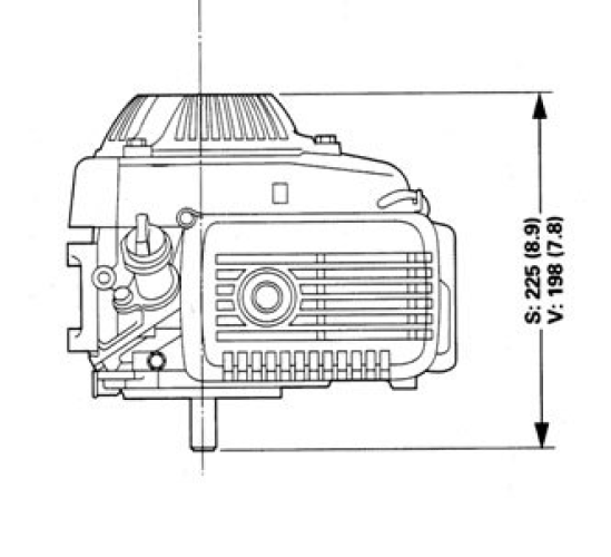 Vue avant et côté du moteur GXV50, dimensions affichées pour la hauteur et la largeur