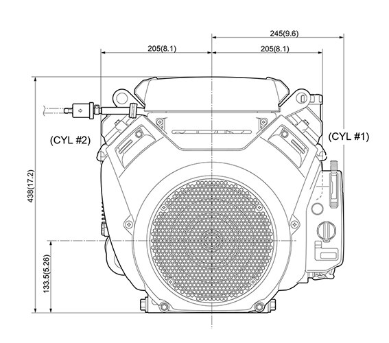 Front and side view of GX630 engine, dimensions displayed for height and width