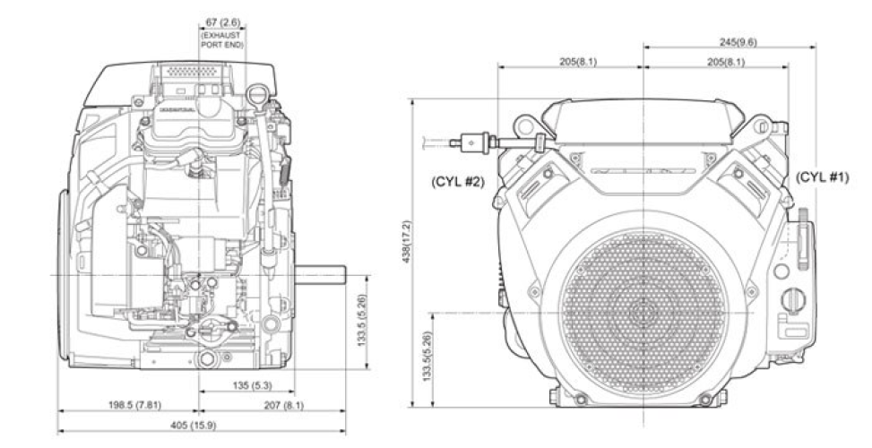 Front and side view of GX690 engine, dimensions displayed for height and width