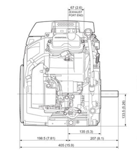 Front and side view of GX690 engine, dimensions displayed for height and width
