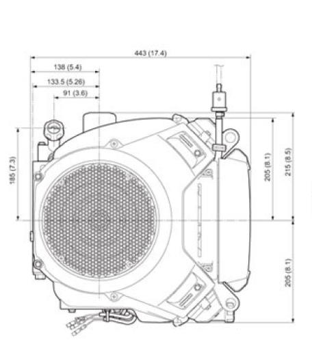 Front and side view of GXV690 engine, dimensions displayed for height and width