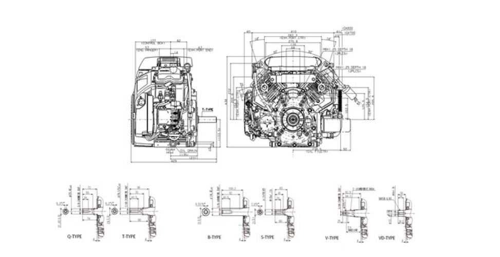 Vue avant et côté du moteur IGX800, dimensions affichées pour la hauteur et la largeur