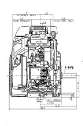 Front and side view of iGX800 engine, dimensions displayed for height and width