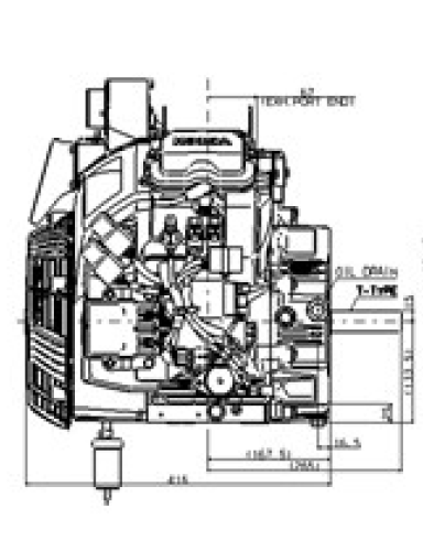 Front and side view of iGXV700 engine, dimensions displayed for height and width