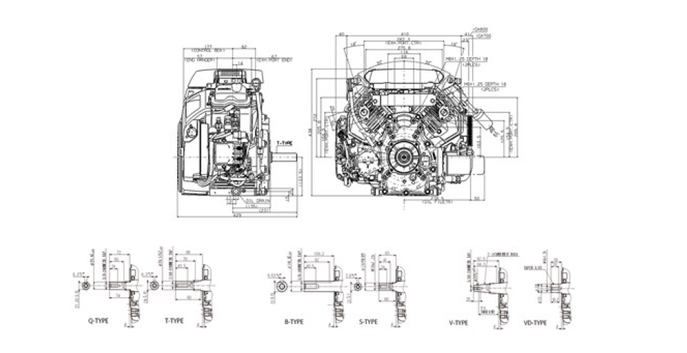 Vue avant et côté du moteur IGX700, dimensions affichées pour la hauteur et la largeur