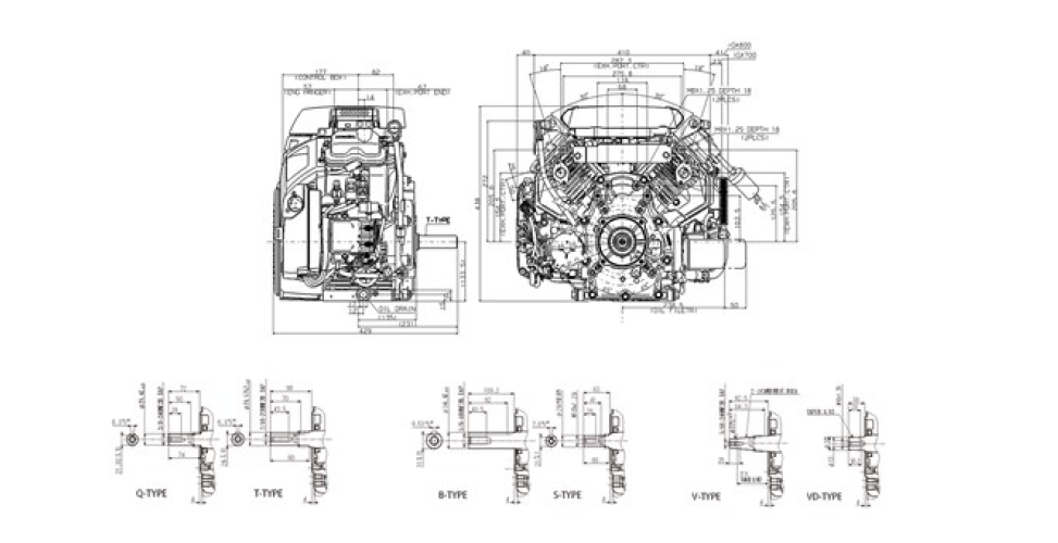 Front and side view of iGX700 engine, dimensions displayed for height and width