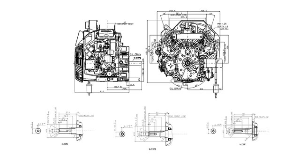 Front and side view of iGXV800 engine, dimensions displayed for height and width