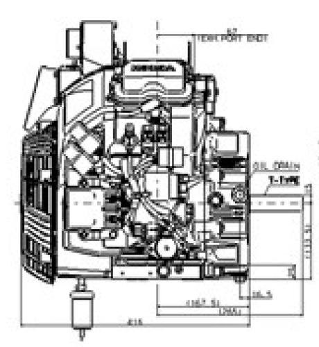 Front and side view of iGXV800 engine, dimensions displayed for height and width